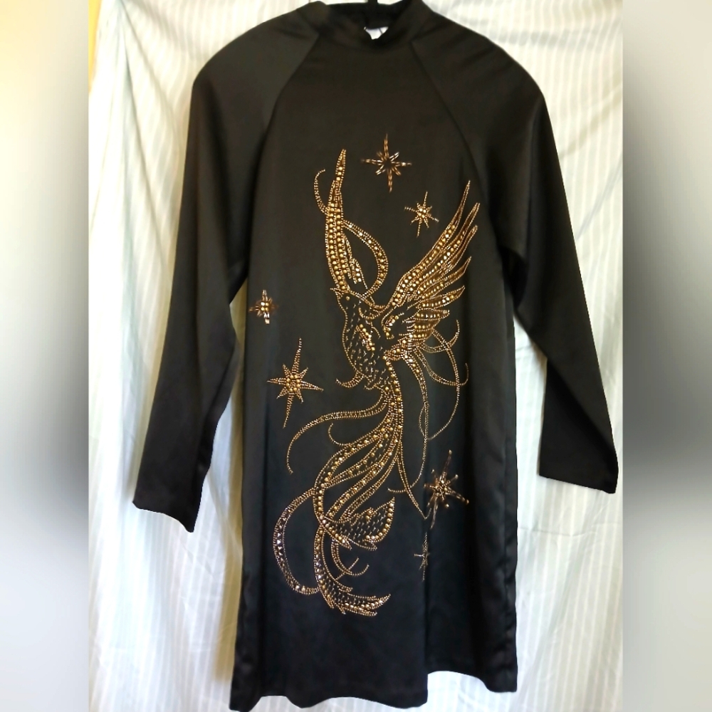 H&M Black Satin Dress with Gold Embellished Phoenix Design Sz 6
